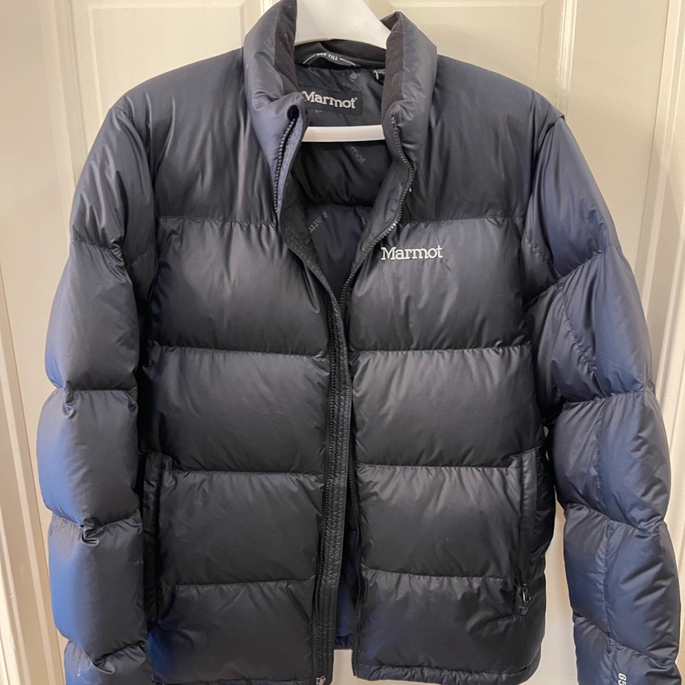 Marmot, size large, 650 fill, Dark Blue,  Down puffer jacket.